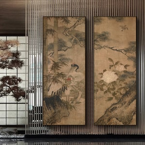Japanese art, set of 2, bird-and-flower painting, Japanese red crowned crane auspicious wall art, giclee print, Sesshū, 雪舟等杨, 1420-1506