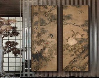 Japanese Art, Set of 2, Bird-and-flower Painting, Japanese