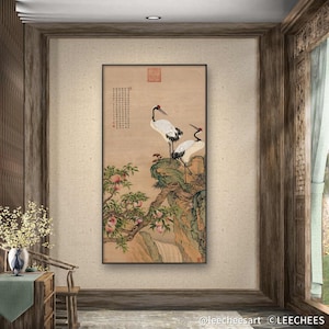 Handed down famous painting, peach and re-crowed cranes, unframed meticulous crane art print, handcrafted silk print hanging scroll gift