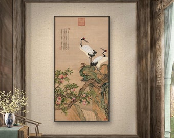 Handed down famous painting, peach and re-crowed cranes, unframed meticulous crane art print, handcrafted silk print hanging scroll gift