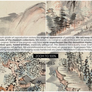 May include: A close-up of a traditional Chinese painting depicting a mountain landscape with trees and a river. The painting is in shades of blue, green, and brown. The text "ZOOM TO 100%" and "LEECHEES" is visible at the bottom of the image.