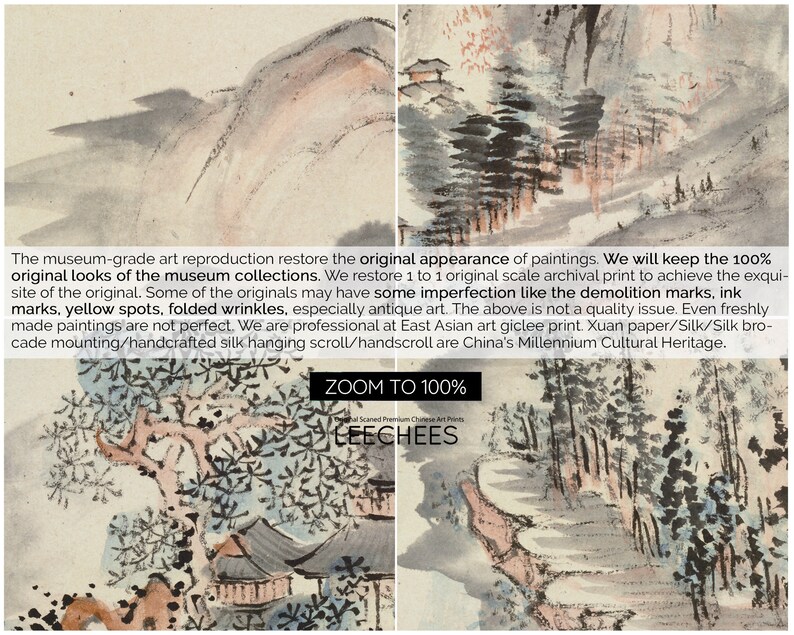 May include: A close-up of a traditional Chinese painting depicting a mountain landscape with trees and a river. The painting is in shades of blue, green, and brown. The text "ZOOM TO 100%" and "LEECHEES" is visible at the bottom of the image.