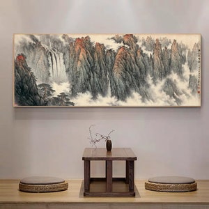 Huangshan Mist and Veil, Chinese landscape painting, giclee art, horizontal hanging scroll, large horizontal Mount Huang brush painting 黃山煙雲