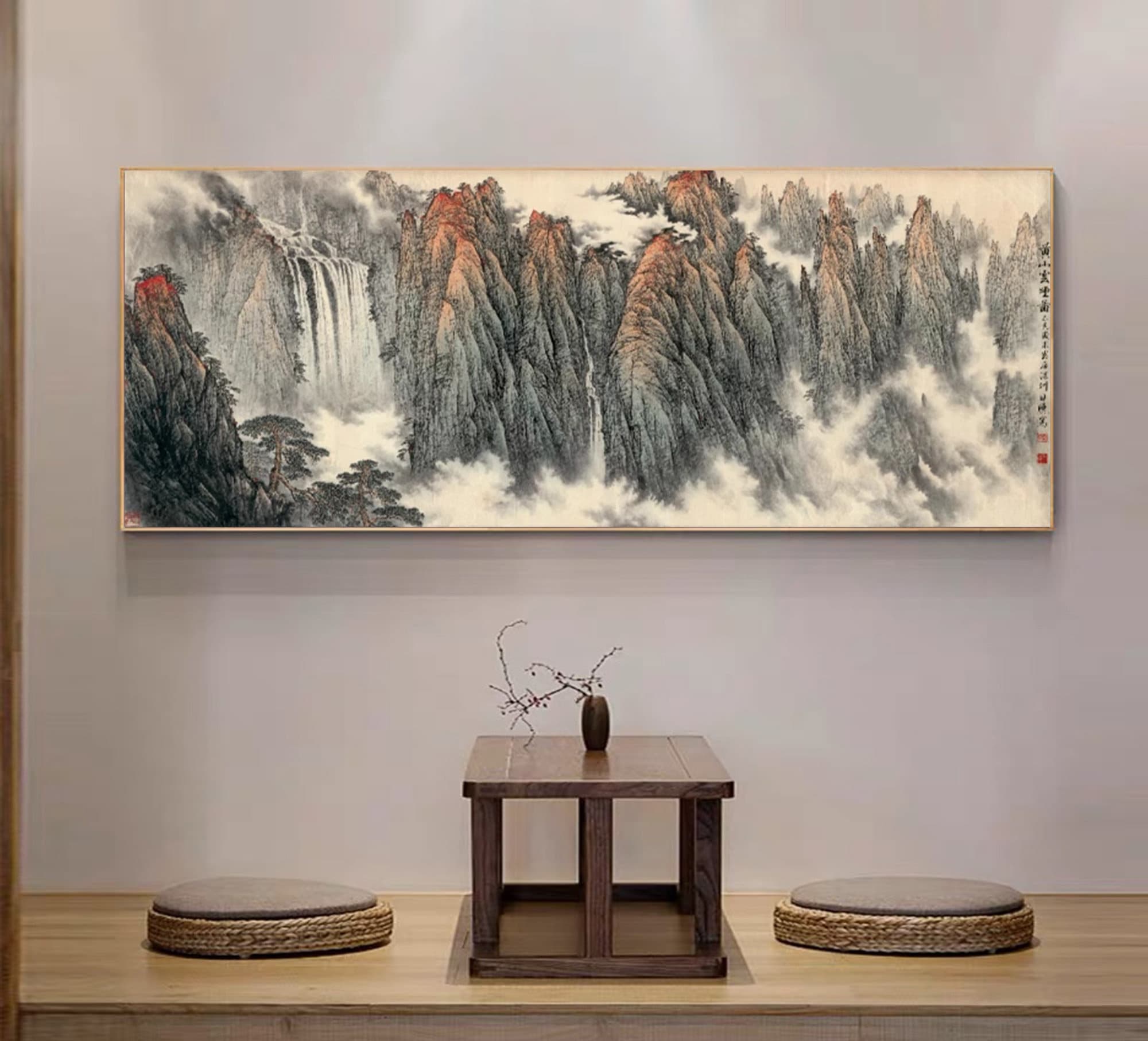Huangshan Mist and Veil, Chinese landscape painting, giclee art, horizontal hanging scroll, large horizontal Mount Huang brush painting 黃山煙雲