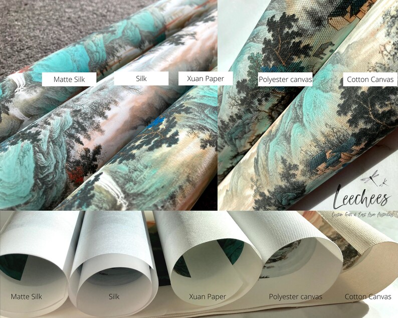 May include: Close-up of five rolled canvas prints with different textures. The prints feature a traditional Chinese landscape painting with mountains, trees, and water. The textures are labeled "Matte Silk", "Silk", "Xuan Paper", "Polyester canvas", and "Cotton Canvas".