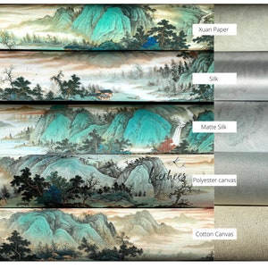 May include: A comparison of different print surfaces for art prints. The image shows five different surfaces: Xuan Paper, Silk, Matte Silk, Polyester Canvas, and Cotton Canvas. Each surface is shown with a traditional Chinese landscape painting printed on it. The text "The texture of Print Surface" is on the left side of the image and the text "The texture of the back" is on the right side of the image.