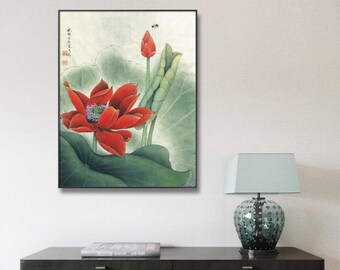 Gongbi Red Lotus, Zen art, meticulous lotus painting, HD print, Silk print, Canvas print, Fine art print, vertical watercolor lotus art