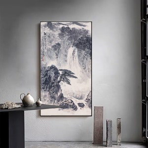 Shan shui, by Song Yulin, Minimal ink wash painting, high waterfall and pine tree, Asian fine art print, large vertical black and white art
