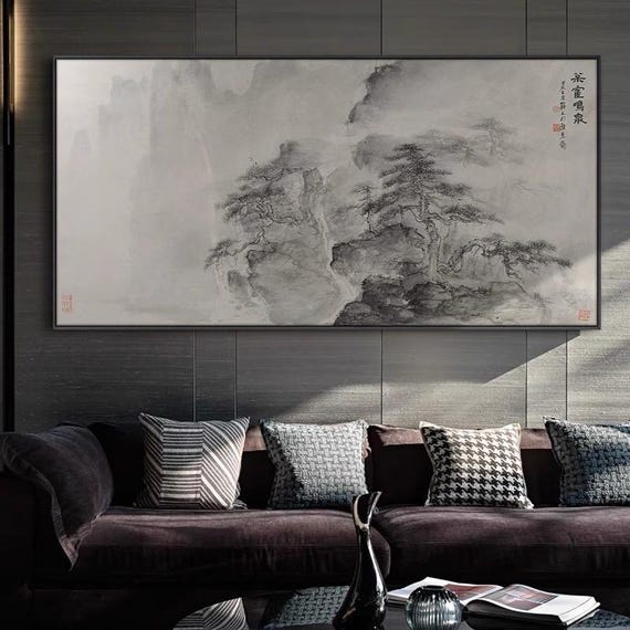 Song Dynasty Taste Black Ink Landscape Wall Art – Extra Large Horizontal Giclée Print on Cotton Canvas, calming zen Pine Crane Spring Scene