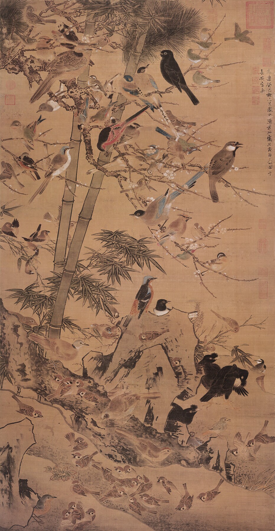 最安値級価格 Three Friends of Winter and a Hundred Birds, 三友百禽图轴 絵画