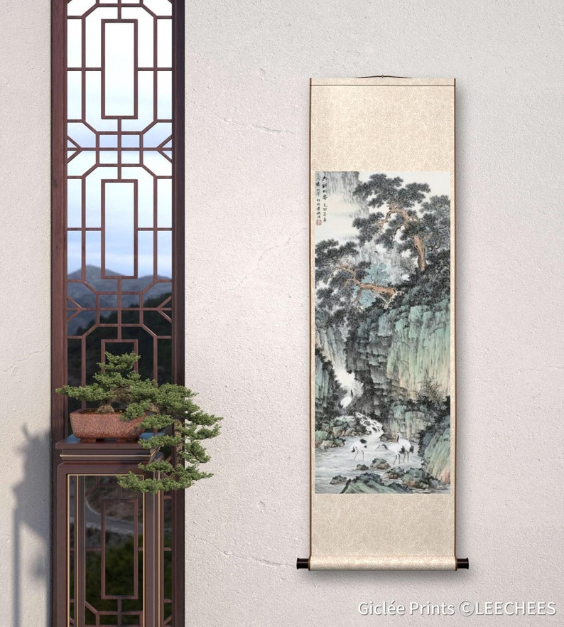 Chinese Traditional landscape painting, vertical shan shui brush painting, giclee printing, vintage Chinese art, unframed, 30x71cm image 4