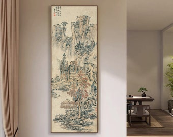 Qing Dynasty antique Shan shui vertical narrow scroll, high mountains and autumn tall trees, Chinese landscape painting, fine art replica 藍瑛