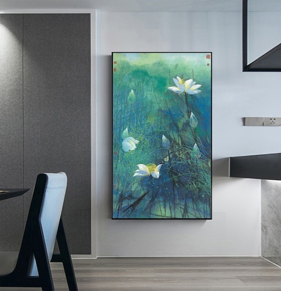 White lotus art, giclee print, Asian artist contemporary art, watercolor botanical art, large vertical abstract blue-green color wall art