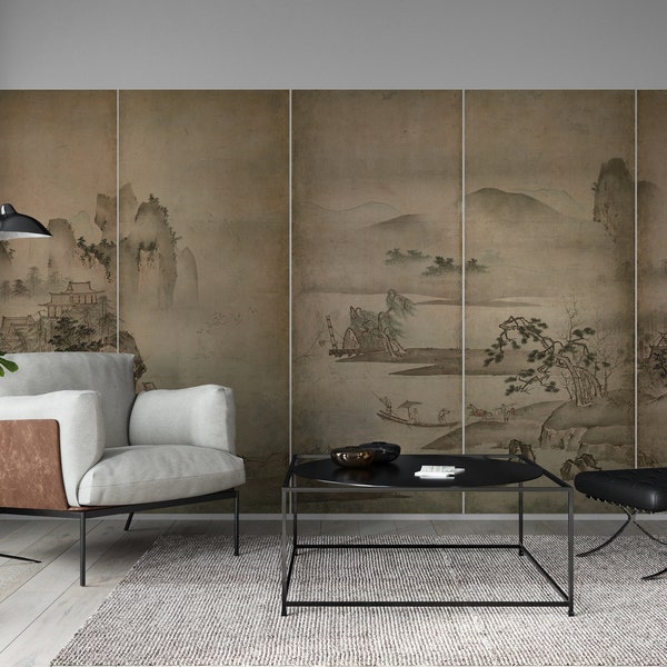 East Asian minimal Shan shui painting, large landscape wall mural, removable peel and stick wallpaper, Japanese literati landscape wall déco