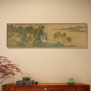 Antique taste long horizontal Chinese landscape painting, Silk print, Ming Dynasty, 冷謙 蓬萊仙弈, Chinese Ancient court style landscape painting