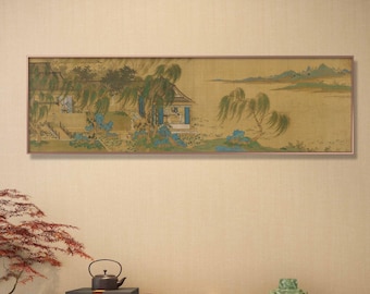 Antique taste long horizontal Chinese landscape painting, Silk print, Ming Dynasty, 冷謙 蓬萊仙弈, Chinese Ancient court style landscape painting
