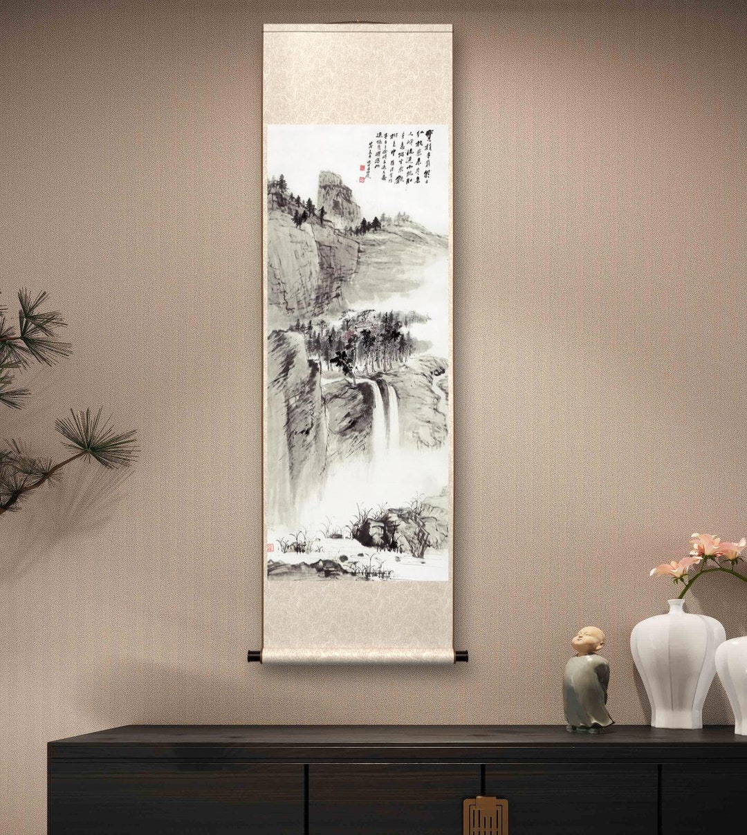Handcrafted Chinese Silk Hanging Scroll, East Asian Minimal