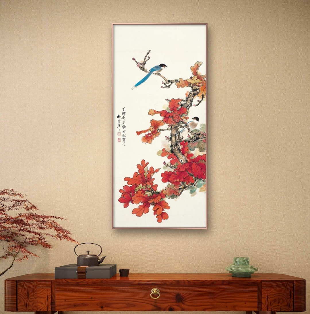 Red Leaves and Blue Magpies by Tian Shiguang, 1987, Chinese Bird and ...