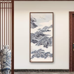 Pine tree forest and flying red-crowned cranes, Minimal East Asian antique landscape painting Xuan paper/silk print, retro vertical pine art