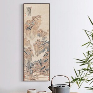 Pink-orange autumn mountain art, Chinese antique art replica, Qing dynasty ancient mountains landscape painting, silk hanging scroll 王翬 富春大嶺