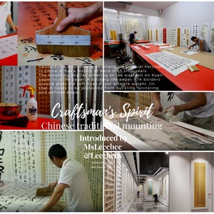 May include: A collage of images showcasing the traditional Chinese art of mounting artwork on silk. The images show a person carefully applying glue to a scroll, a close-up of the mounting process, and finished artwork displayed in a gallery setting. The text "Craftsman's Spirit" and "Chinese traditional mounting" is featured in the collage.