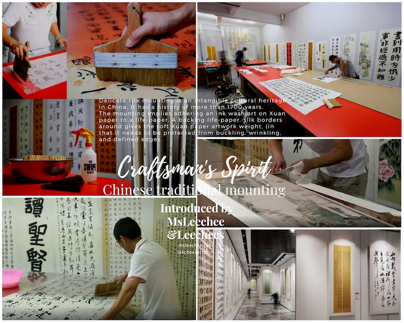 May include: A collage of images showcasing the traditional Chinese art of mounting artwork on silk. The images show a person carefully applying glue to a scroll, a close-up of the mounting process, and finished artwork displayed in a gallery setting. The text "Craftsman's Spirit" and "Chinese traditional mounting" is featured in the collage.