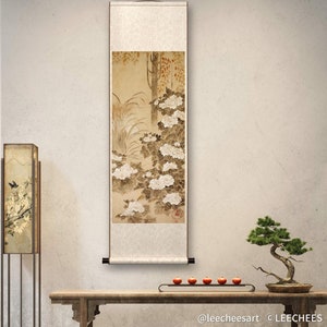 Minimal Japanese antique meticulous painting, retro style vertical freehand botanic brush painting silk print, handcrafted hanging scroll