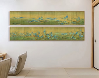 Thousands miles of mountains and rivers, Chinse Song dynasty antique best known masterpiece, horizontal narrow Shan shui art replica, 千里江山圖