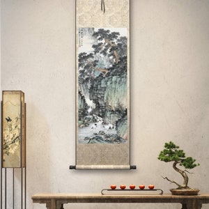 Chinese Traditional landscape painting, vertical shan shui brush painting, giclee printing, vintage Chinese art, unframed, 30x71cm image 3