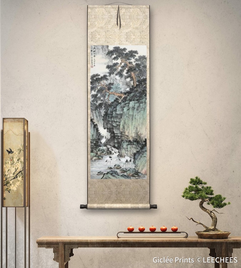 Chinese Traditional landscape painting, vertical shan shui brush painting, giclee printing, vintage Chinese art, unframed, 30x71cm image 3