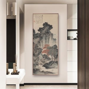 Jungle in Rain, meandering creek, high mountains, large vertical narrow Chinese traditional landscape painting, 溥儒 叢林遇雨圖 , fine art print