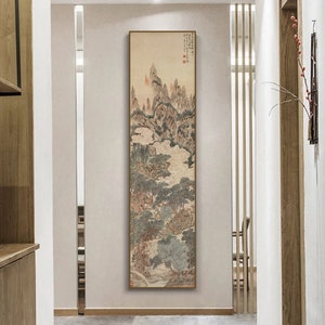 Scenery of Dawn in the Celestial City, by Ding Yunpeng, clouds surround pine forest, art replica, vertical narrow silk hanging scroll