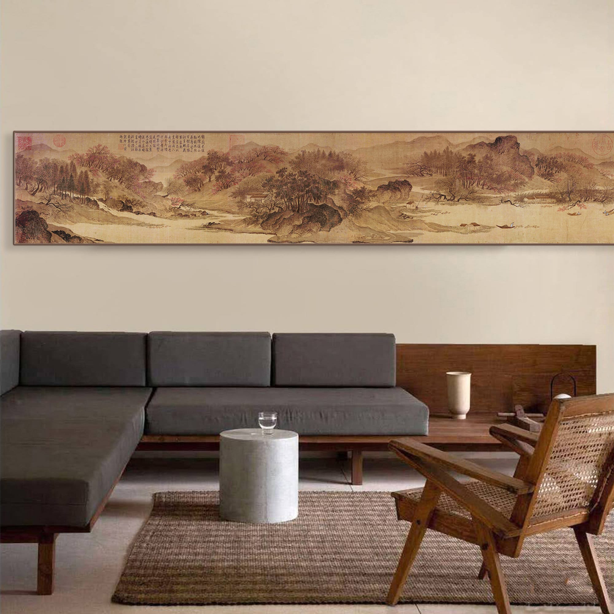 Long horizontal narrow Shanshui painting, extra wide slender Chinese antique landscape painting replica print on silk, beige brown 宋惠崇 溪山春曉圖