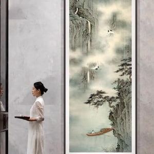 Ethereal Journey | Chinese Landscape Giclee Print | Misty Mountains & Cranes | Song Dynasty Style Gongbi Art | Extra Large Canvas Print