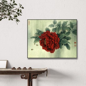 Passionate red rosa chinensis meticulous painting, HD print, Watercolor China rose and bees, Gongbi brush painting silk print, horizontal
