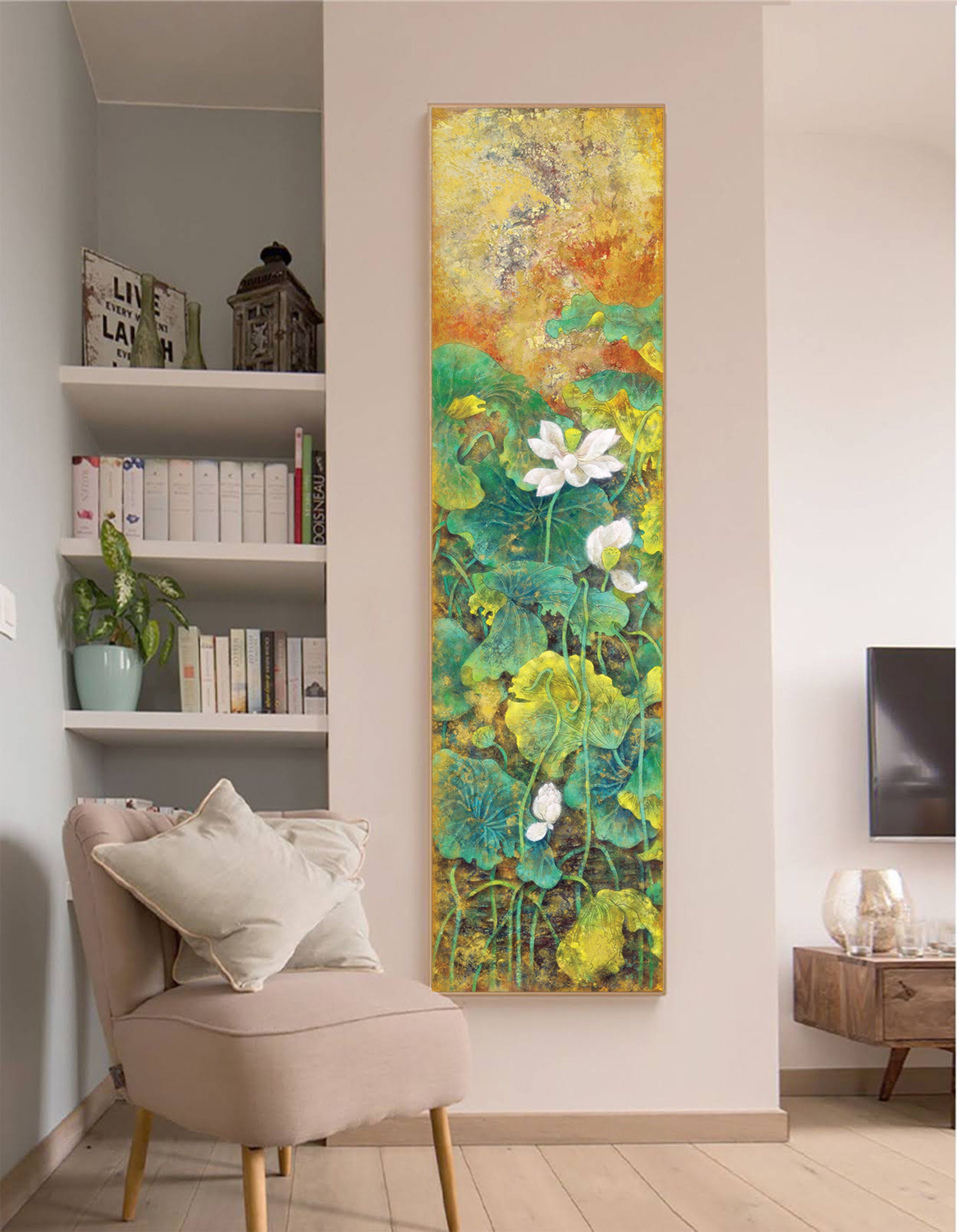 White Lotus Painting Replica, Vertical Narrow Green Lotus Leaves Wall Art,  Summer Flower Canvas Print, Extra Long Vertical Wall Hanging, JN - Etsy  Finland