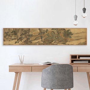 May include: A long, horizontal painting depicting a traditional Chinese landscape scene. The painting features a mountainous landscape with trees, a small building, and a river. The painting is done in shades of brown, green, and white.