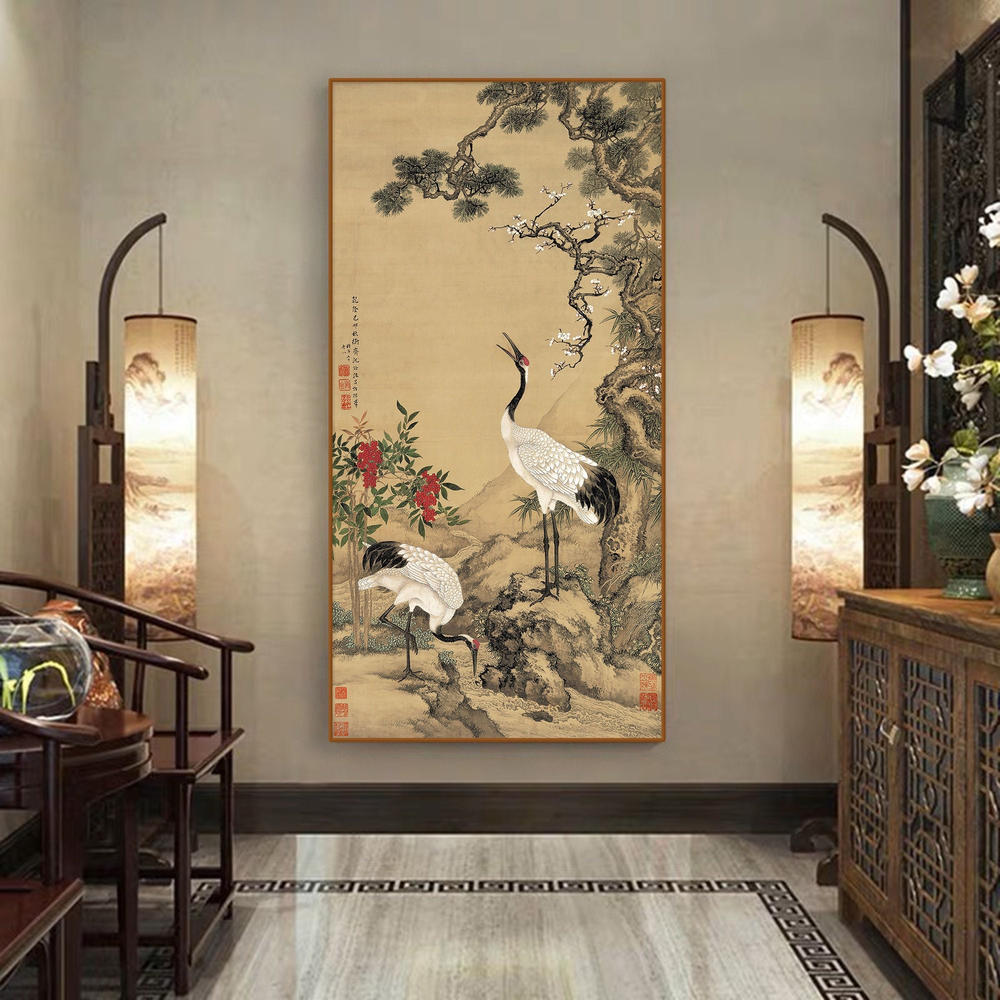 Chinese antique meticulous bird-and-flower painting, red-crowned crane art silk print, East Asian vintage art, handmade silk hanging scroll