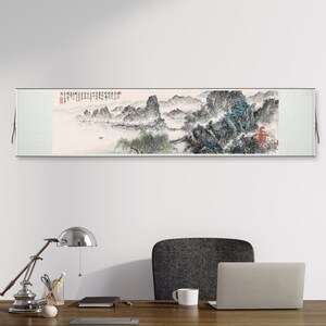 Extra large horizontal narrow Shan shui painting, West lake landscape, Chinese brush painting , long scroll landscape art above sofa 借問西湖 image 3