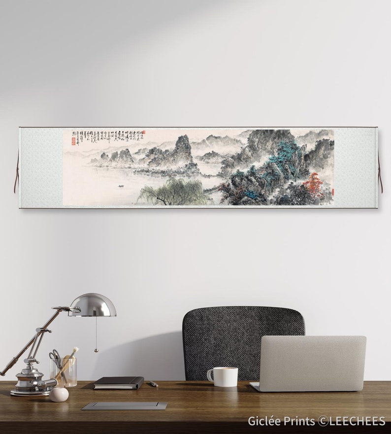 Extra large horizontal narrow Shan shui painting, West lake landscape, Chinese brush painting , long scroll landscape art above sofa 借問西湖 image 3