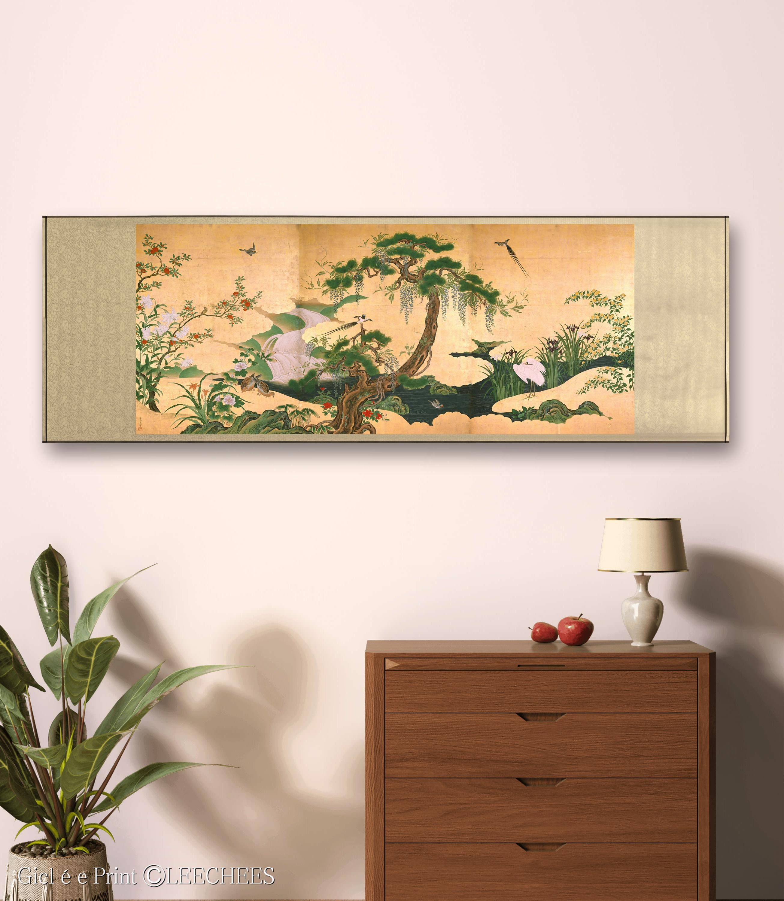 フユガモ壁飾り 剝製 置物 飾り立て本日価格 Spring Flowers and Birds Folding Screen Art Replica, Japan Art