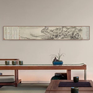 Extra long horizontal narrow landscape art print, long wall art, long silk scroll Shan shui painting, Extra wide landscape wall art 清 吳宏 莫愁湖