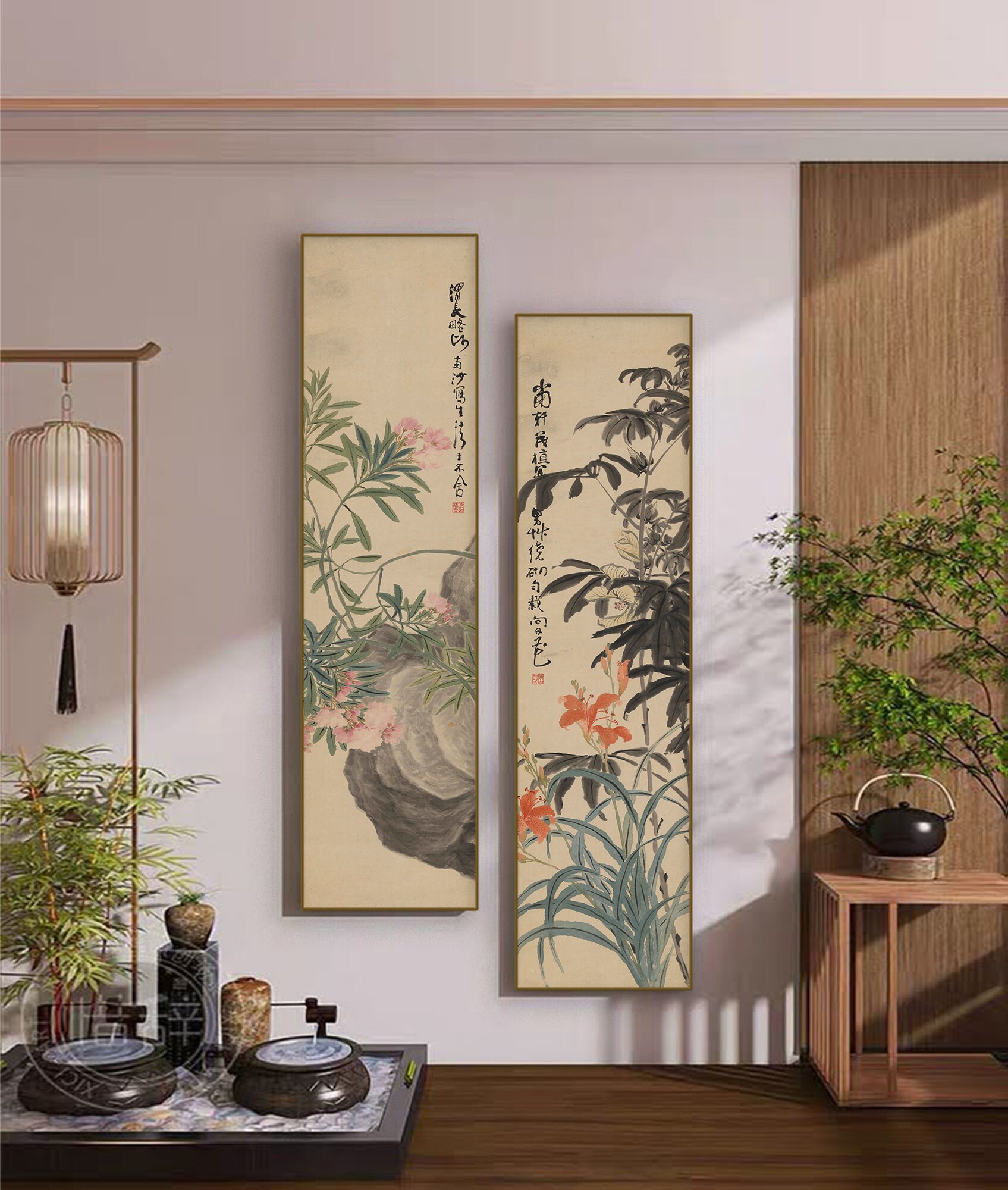 ライラックと蓮、縦長の花の絵画 2 枚セット、中国の水墨画、手作りの 