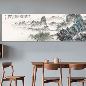 Extra large horizontal narrow Shan shui painting, West lake landscape, Chinese brush painting , long scroll landscape art above sofa 借問西湖 image 1