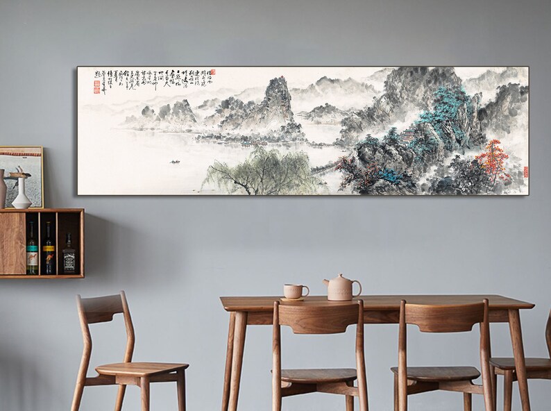 Extra large horizontal narrow Shan shui painting, West lake landscape, Chinese brush painting , long scroll landscape art above sofa 借問西湖 image 1