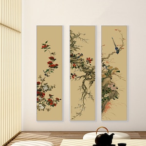 Chinese garden fine-brush painting, set of 3, Four seasons flowers and birds Meticulous Painting silk print, Qing Dynasty/ hanging scroll