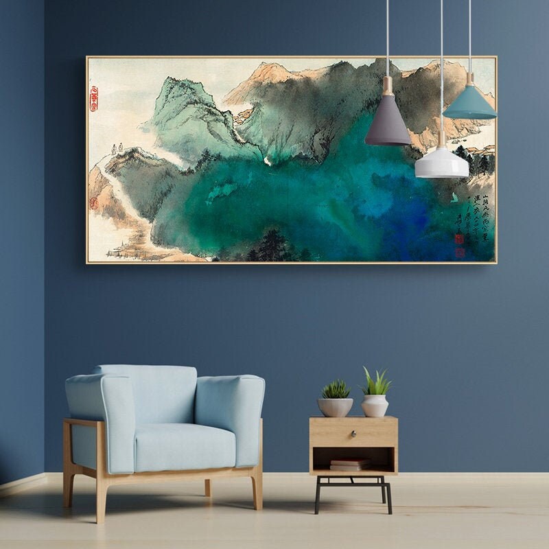 Extra Large Horizontal Abstract Ink Wash Art, Zhang Daqian, Blue
