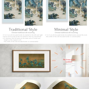 Op de afbeelding: Twee verschillende montage stijlen voor een traditioneel Chinees landschapschilderij. De eerste stijl, "Traditionele stijl", toont een 1 tot 6 cm brede zijden brokaatrand die links, rechts, boven en onder op het schilderij is gemat. De tweede stijl, "Minimale stijl", toont een 1 tot 6 cm brede zijden brokaatrand die gelijkmatig rond het schilderij is gemat. De tekst "De lijst is niet inbegrepen" is ook zichtbaar op de afbeelding.
