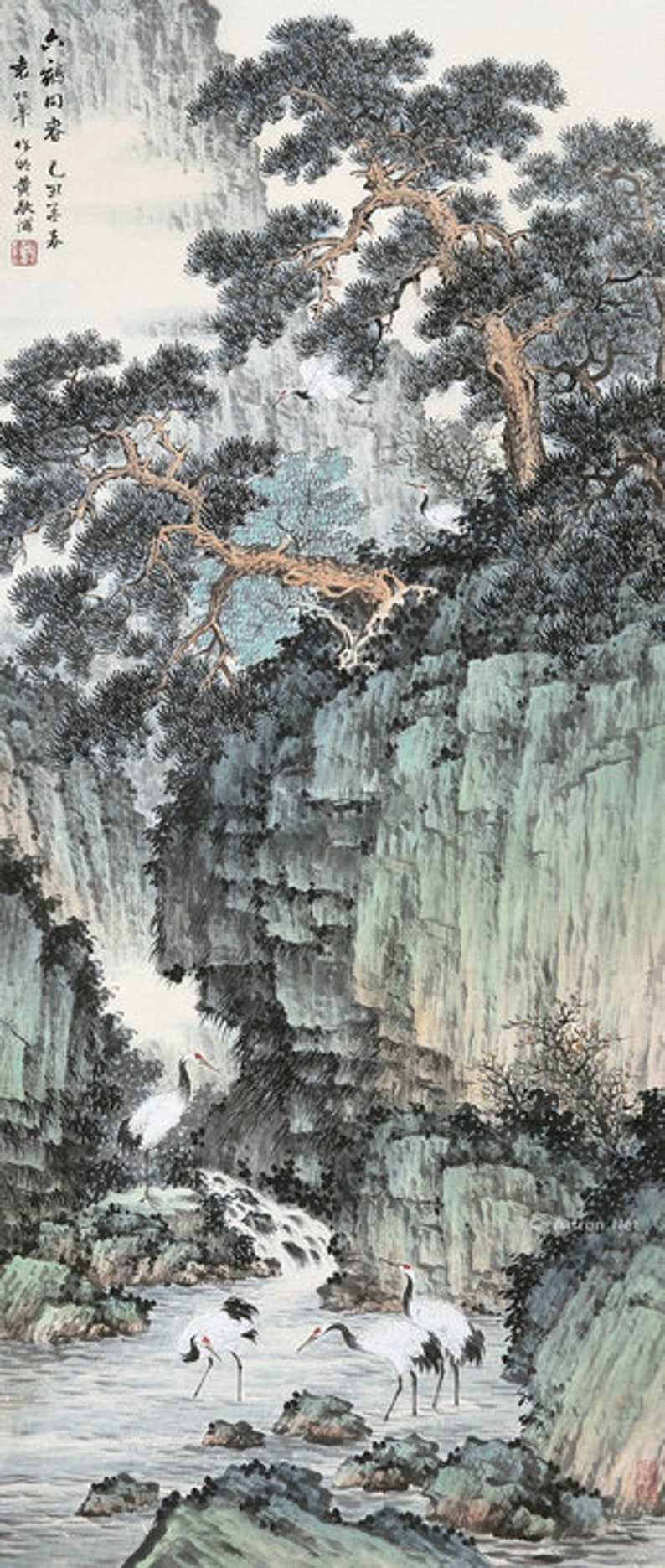 Chinese Traditional landscape painting, vertical shan shui brush painting, giclee printing, vintage Chinese art, unframed, 30x71cm image 5
