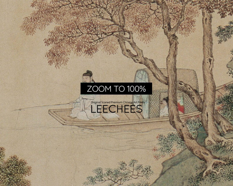 May include: A vintage Chinese art print depicting a boat with three figures on a river. The boat is under a tree with brown leaves. The print is titled "LEECHES" and has the text "ZOOM TO 100%" at the top.